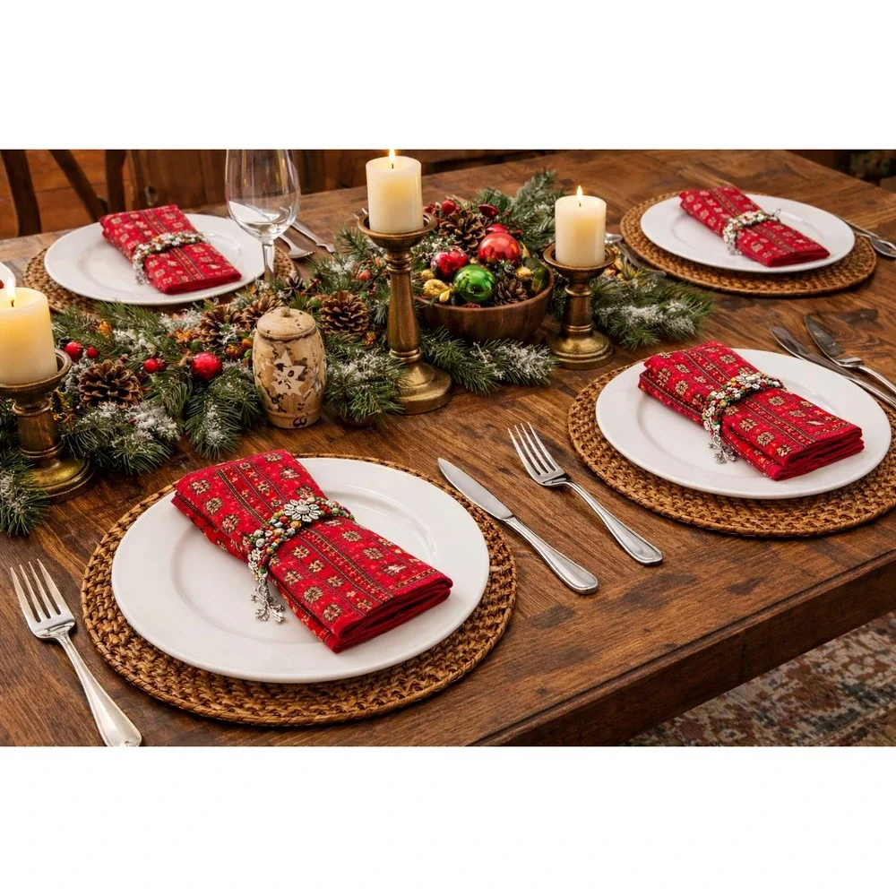 Vtg‎ Christmas Bears Napkins Red Green White Holiday Table Setting 4 Count